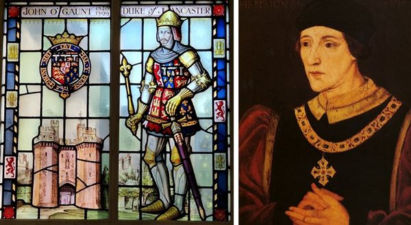 1. stained glass window depicting a man in armour. 2. painting of richly dressed but anxious looking man.